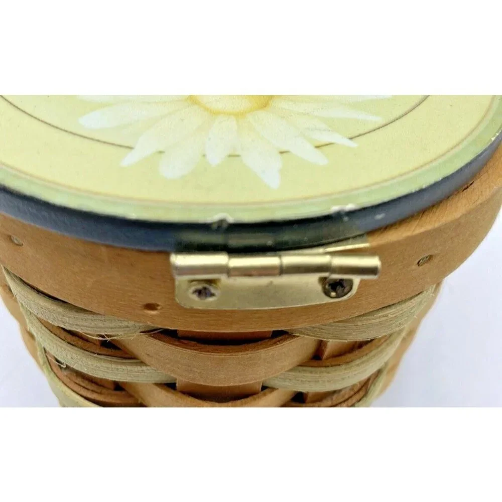 Sunflower Basket 3.75”x4.5” Handle Hinged Lid Woven Round Yellow Trinket Holder